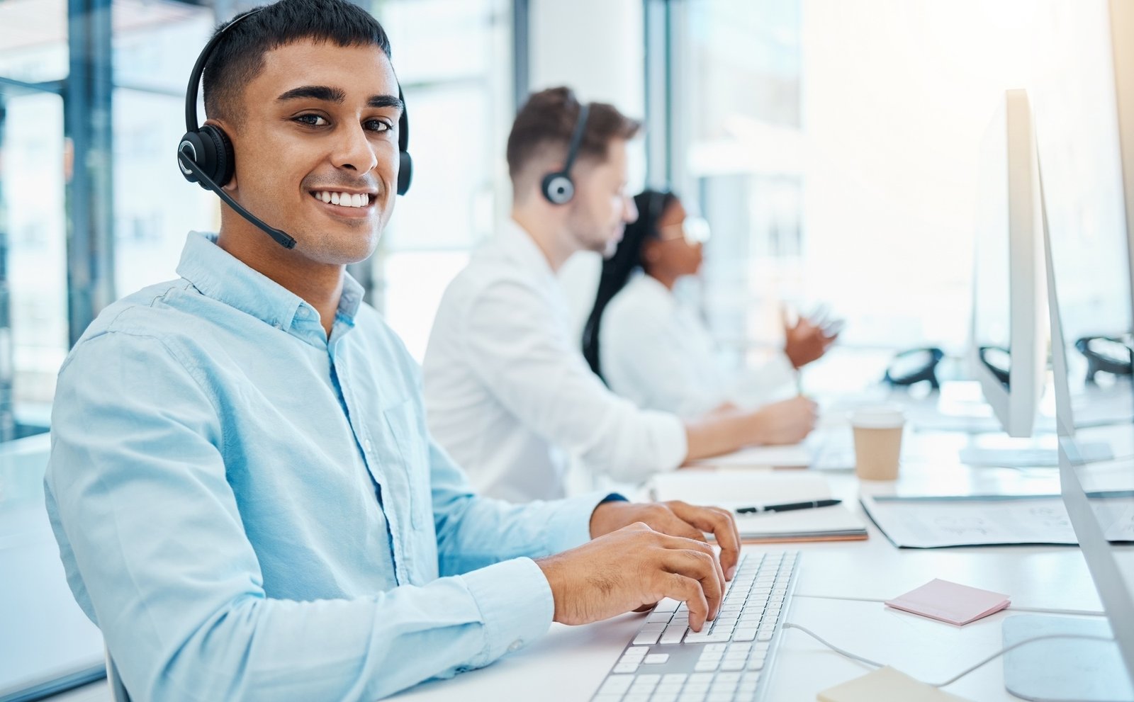 Sales man, call center agent and customer service support operator giving advice, help and expert c